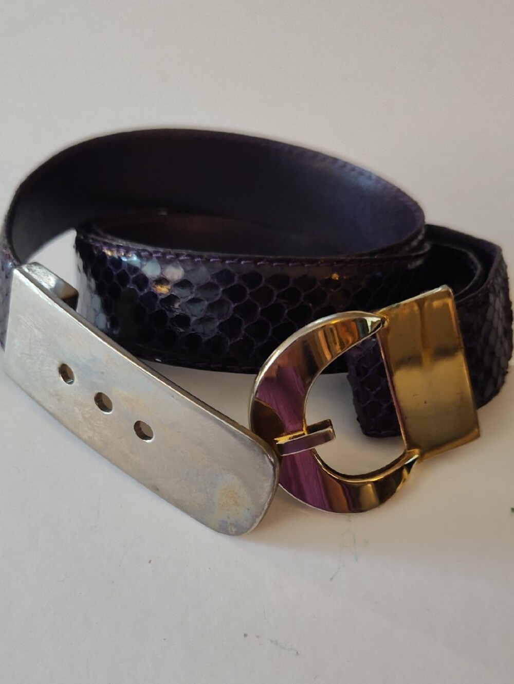 Vintage Christian Dior Purple Snakeskin Belt with Gold & Silver Statement Buckle - Picture 3 of 9